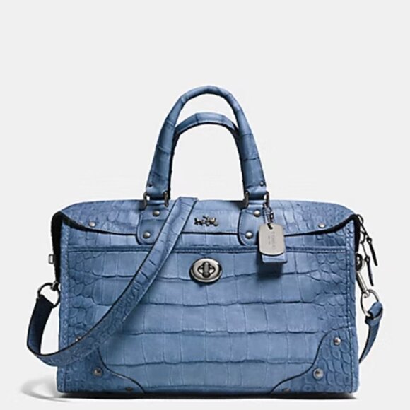 Coach Handbags - Coach Rhyder Satchel Croc Embossed Denim Leather Blue Rare